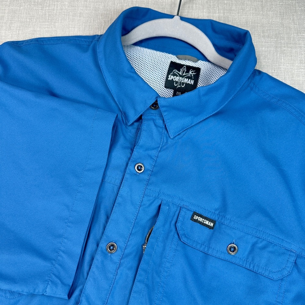 Sportsman Fishing Shirt Mens 2XL Blue Short Sleeve Vented Button Down Polyester